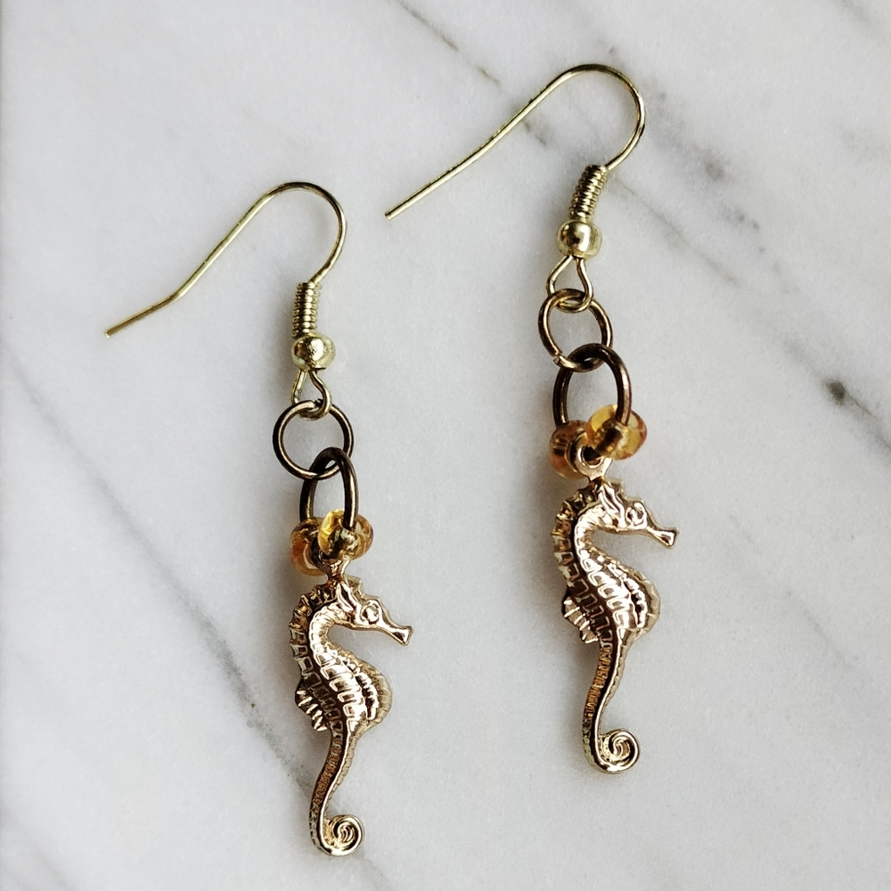 Gold Sea Horse Charm Beaded Dangle Earrings
